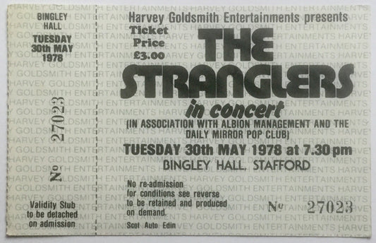 Stranglers Original Unused Concert Ticket Bingley Hall Stafford 30th May 1978