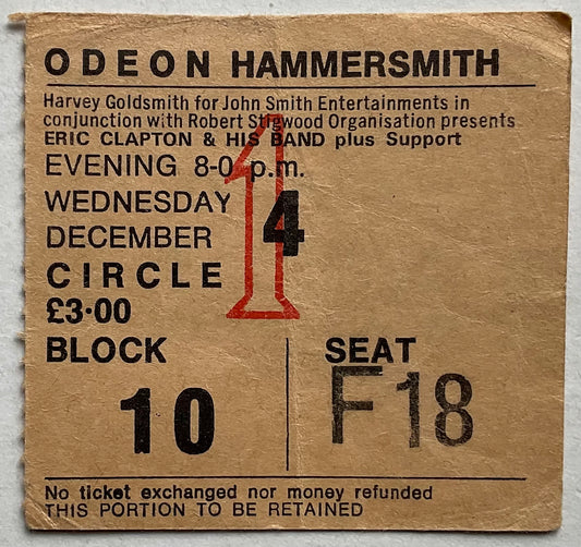 Cream Eric Clapton Original Used Concert Ticket Hammersmith Odeon London 4th Dec 1974