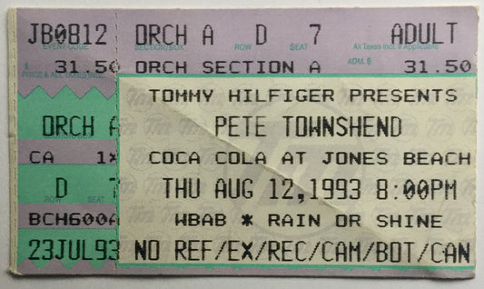 Who Pete Townshend Original Used Concert Ticket Jones Beach Theater Wantagh 12th Aug 1993