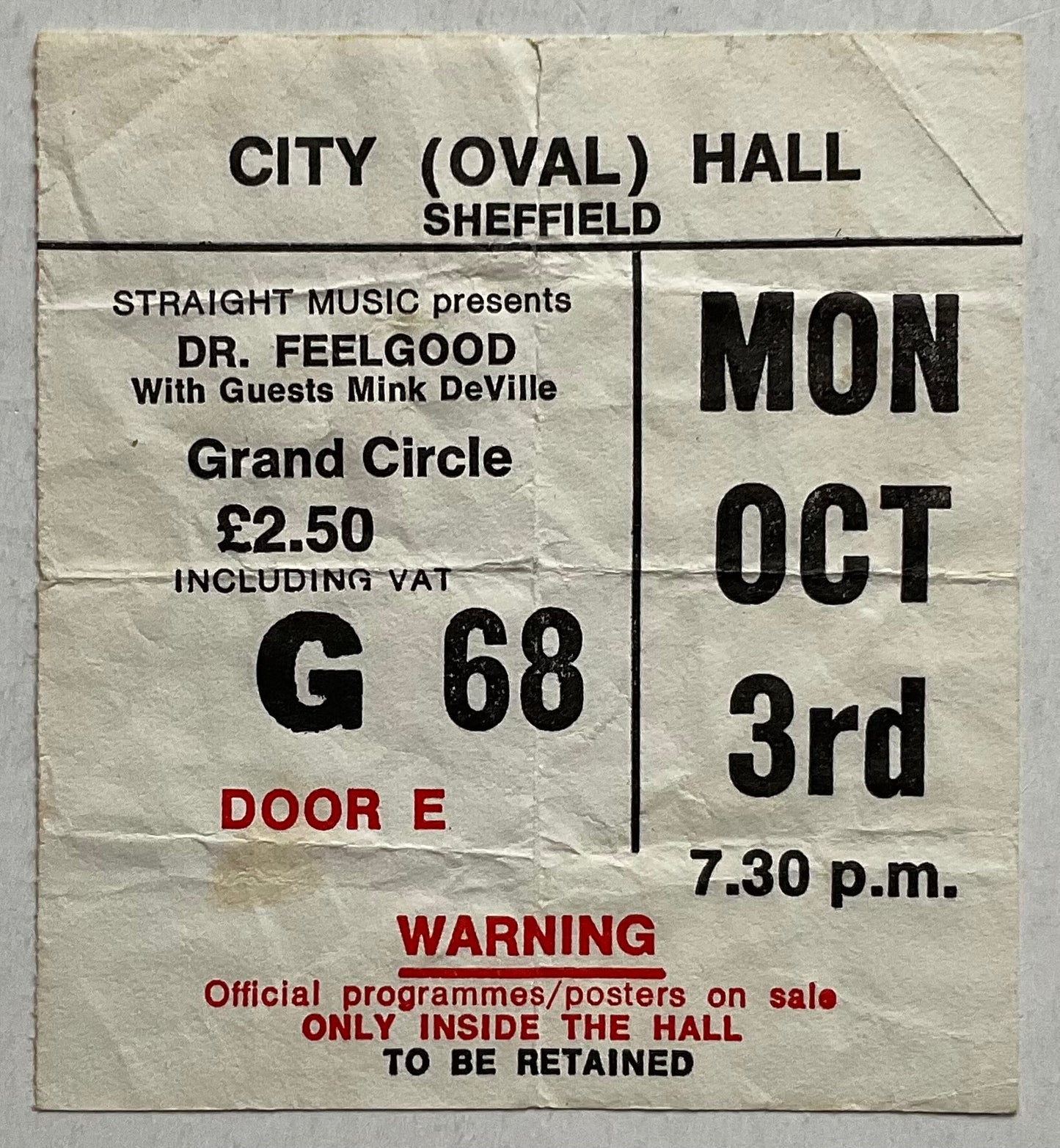Dr Feelgood Original Used Concert Ticket City Hall Sheffield 3rd Oct 1977