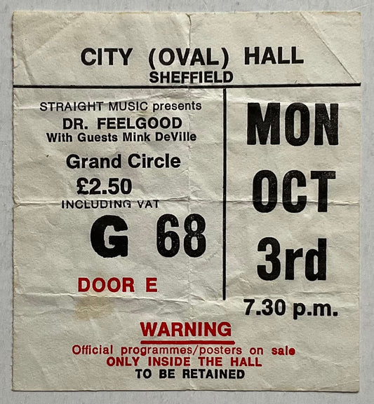 Dr Feelgood Original Used Concert Ticket City Hall Sheffield 3rd Oct 1977