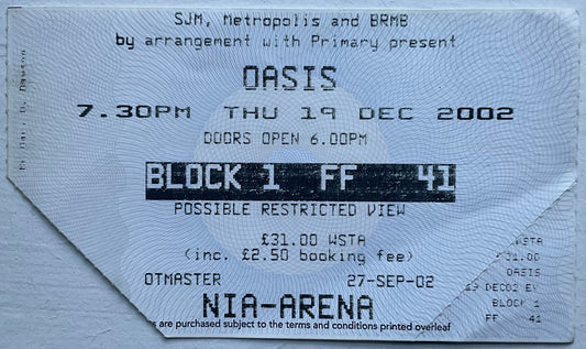 Oasis Original Used Concert Ticket NIA Arena Birmingham 19th Dec 2002