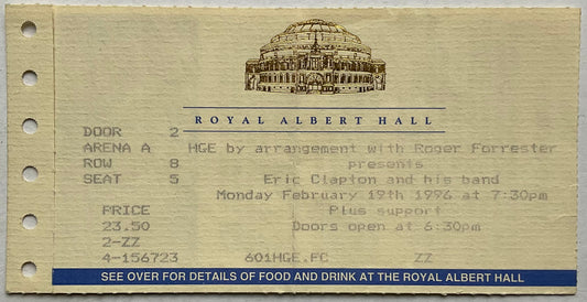 Eric Clapton Original Used Concert Ticket Royal Albert Hall London 19th Feb 1996