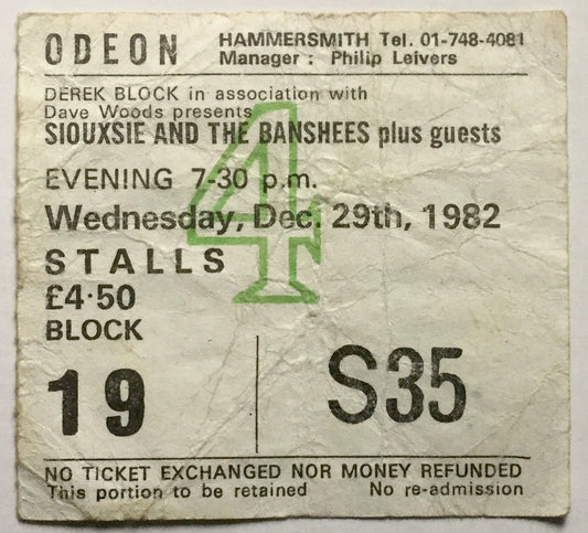Siouxsie and the Banshees Original Used Concert Ticket Hammersmith Odeon London 29th Dec 1982