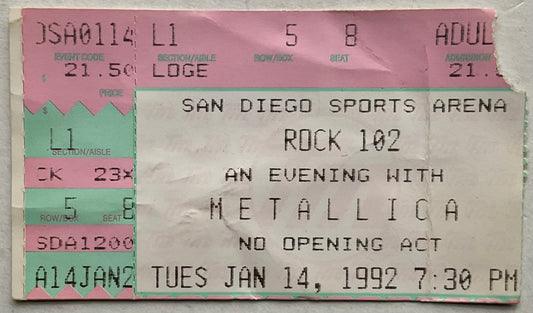Metallica Original Used Concert Ticket San Diego Sports Arena 14th Jan 1992