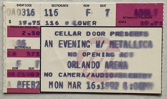 Metallica Original Used Concert Ticket Orlando Arena 16th Mar 1992