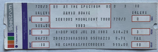 David Bowie Original Unused Concert Ticket The Spectrum Philadelphia 20th Jul 1983