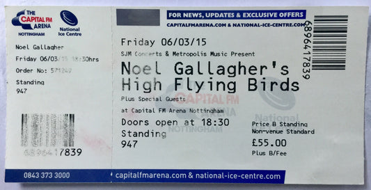 Oasis Noel Gallagher Original Unused Concert Ticket Capital FM Arena Nottingham 6th March 2015