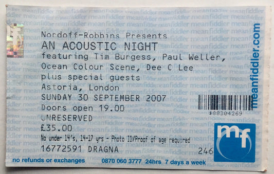 Paul Weller Ocean Colour Scene Original Used Concert Ticket Astoria London 30th Sept 2007