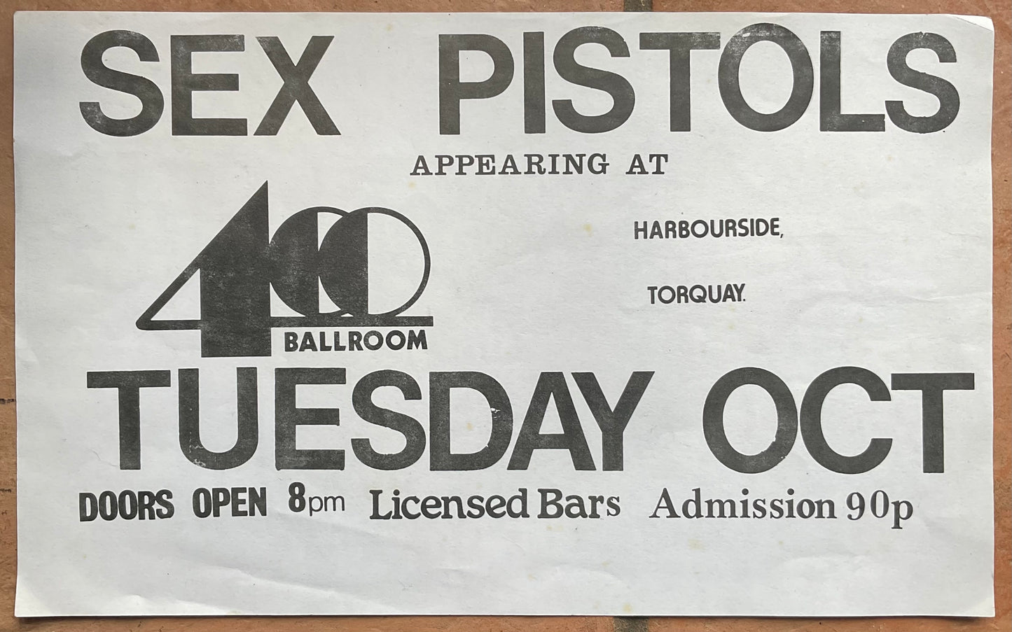Sex Pistols Original Concert Handbill Flyer 400 Ballroom Club Torquay 1976