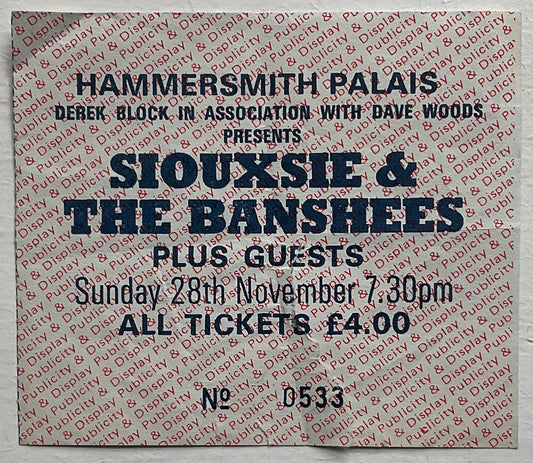 Siouxsie & the Banshees Original Used Concert Ticket Hammersmith Palais London 28th Nov 1982