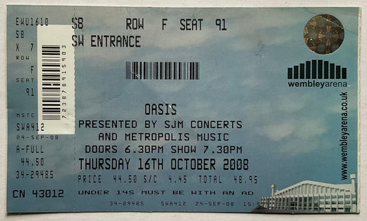 Oasis Original Unused Concert Ticket Wembley Arena London 16th Oct 2008