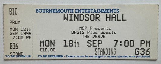 Oasis Original Unused Concet Ticket Windsor Hall BIC Bournemouth 5th Oct 1995
