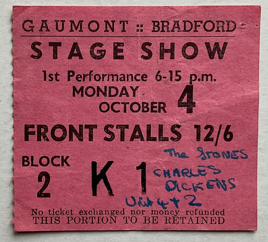 Rolling Stones Original Used Concert Ticket Gaumont Theatre Bradford 4th Oct 1965