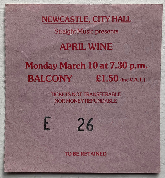 April Wine Original Used Concert Ticket City Hall Newcastle 10th Mar 1980