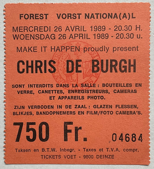 Chris De Burgh Original Used Concert Ticket Forest Vorst National Brussels 26th Apr 1989