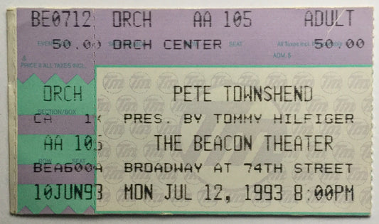 Who Pete Townshend Original Used Concert Ticket Beacon Theater New York 12th July 1993