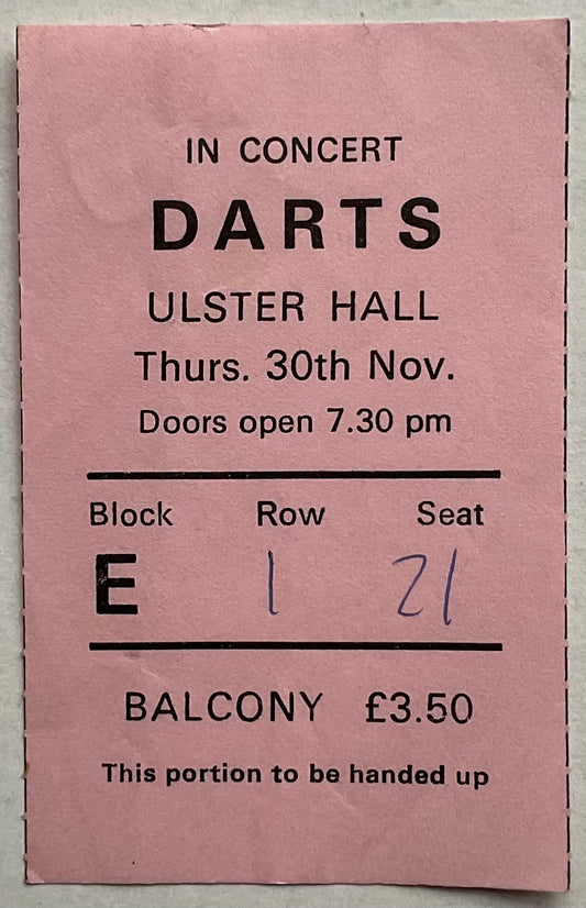 Darts Original Used Concert Ticket Ulster Hall Belfast 30th Nov 1978
