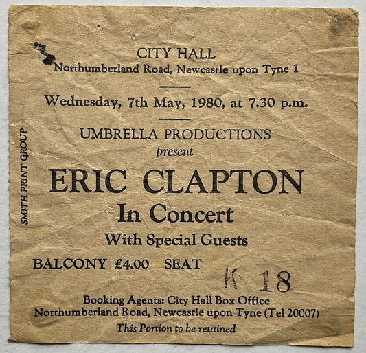 Eric Clapton Original Used Concert Ticket City Hall Newcastle 7th May 1980