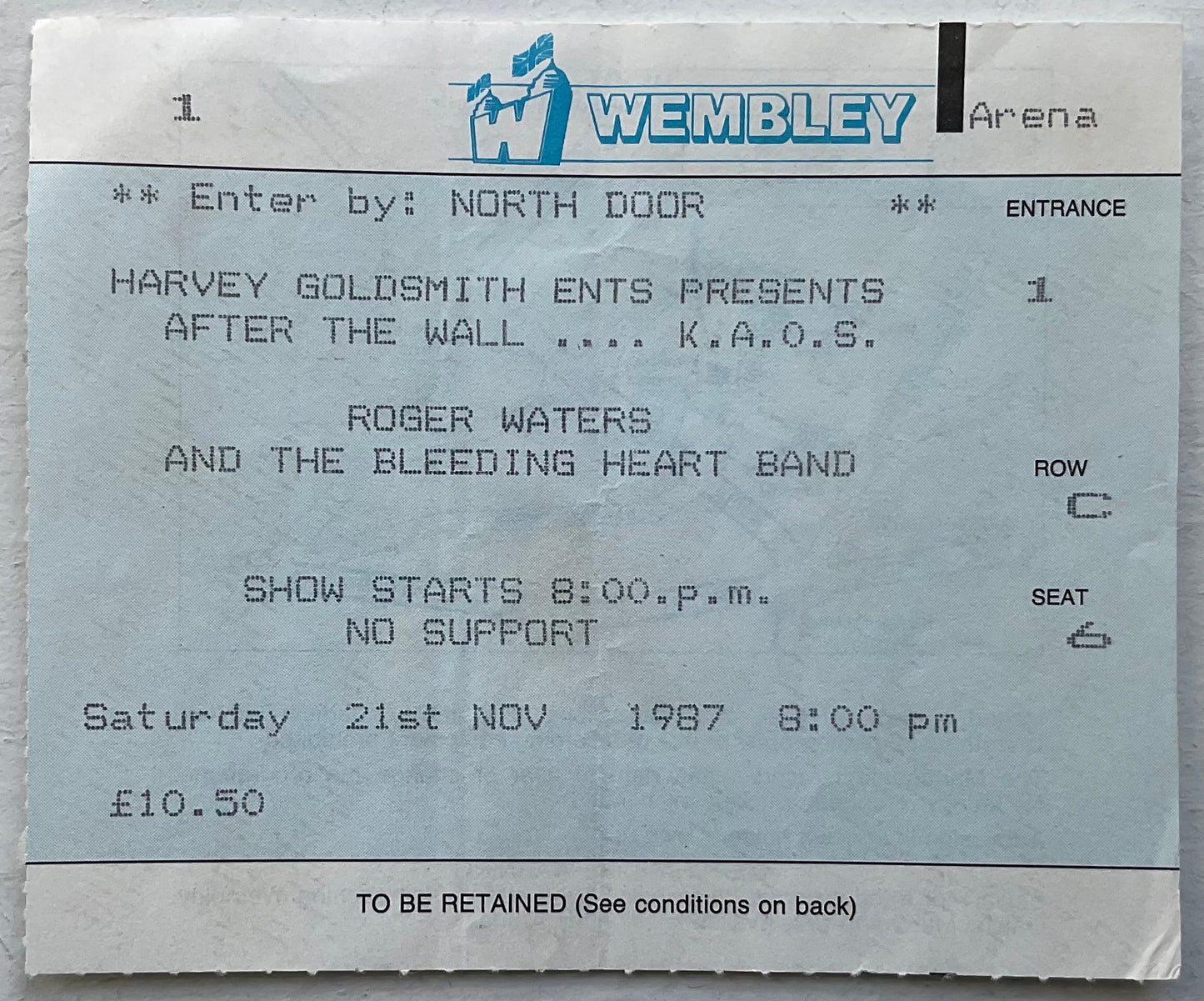 Pink Floyd Roger Waters Original Used Concert Ticket Wembley Arena London 21st Nov 1987