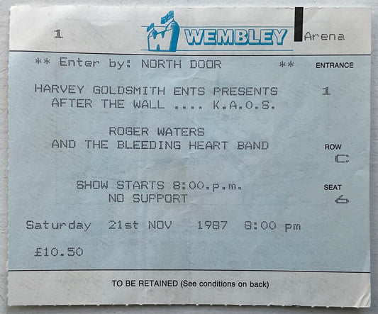Pink Floyd Roger Waters Original Used Concert Ticket Wembley Arena London 21st Nov 1987