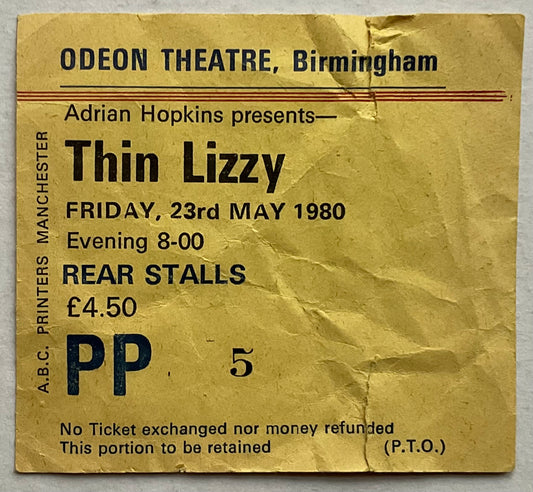 Thin Lizzy Original Used Concert Ticket Odeon Theatre Birmingham 23rd May 1980