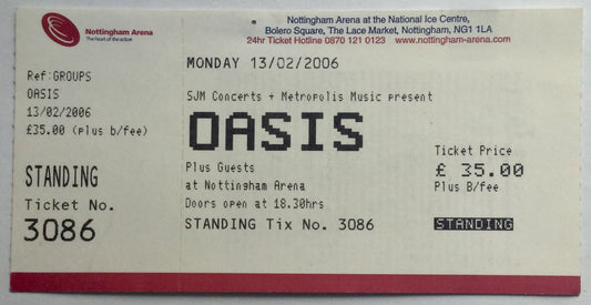 Oasis Original Unused Concert Ticket Nottingham Arena 13th Feb 2006