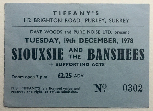 Siouxsie & The Banshees Original Concert Ticket Tiffany’s Purley 19th Dec 1978