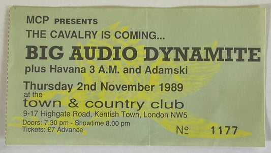 Big Audio Dynamite Original Used Concert Ticket Town & Country Club London 2nd Nov 1989