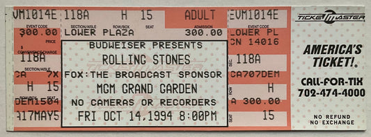 Rolling Stones Original Unused NMint Concert Ticket MGM Grand Garden Las Vegas 14th Sept 1994