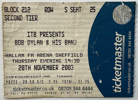 Bob Dylan Original Used Concert Ticket Hallam FM Arena Sheffield 20th Nov 2003