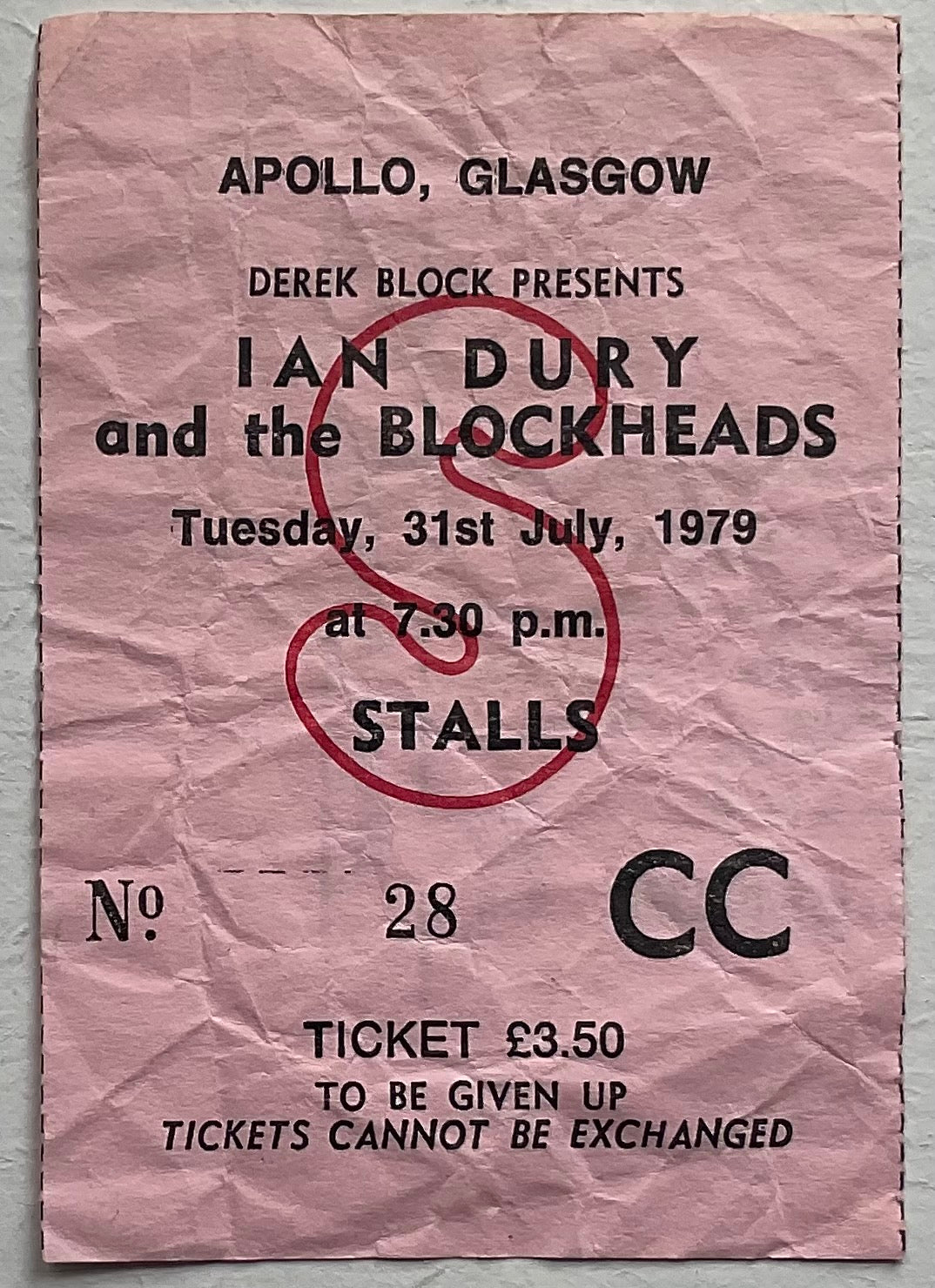 Ian Dury & The Blockheads Original Used Concert Ticket Apollo Theatre Glasgow 31st July 1979