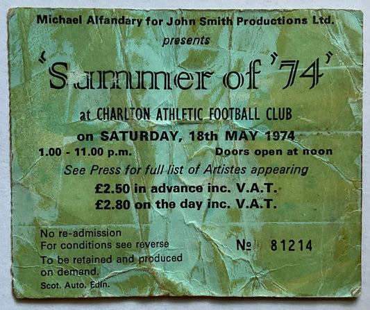 Who Lou Reed Original Used Concert Ticket Charlton Athletic Football Club 18th May 1974