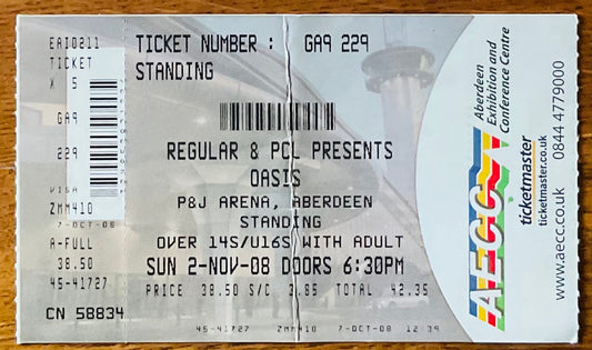 Oasis Original Unused Concert Ticket P & J Arena Aberdeen 2nd Nov 2008
