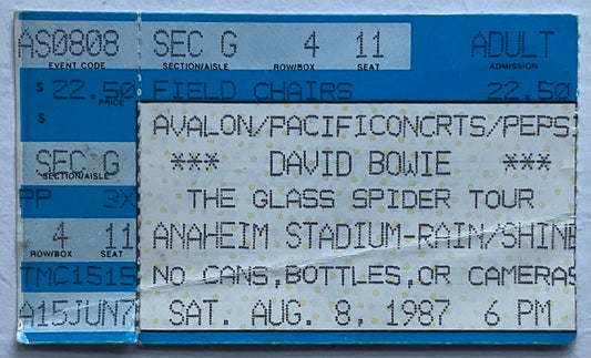 David Bowie Original Used Concert Ticket Anaheim Stadium 8th Aug 1987