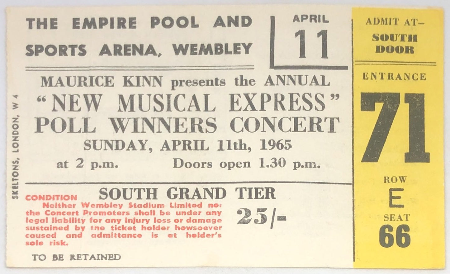 Beatles Rolling Stones Original Used Concert Ticket Empire Pool and Sports Arena Wembley London 1965