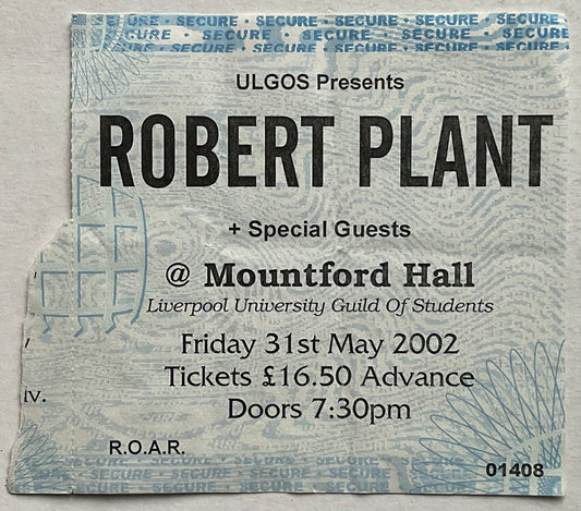 Led Zeppelin Robert Plant Original Used Concert Ticket Mountford Hall Liverpool 31st May 2002