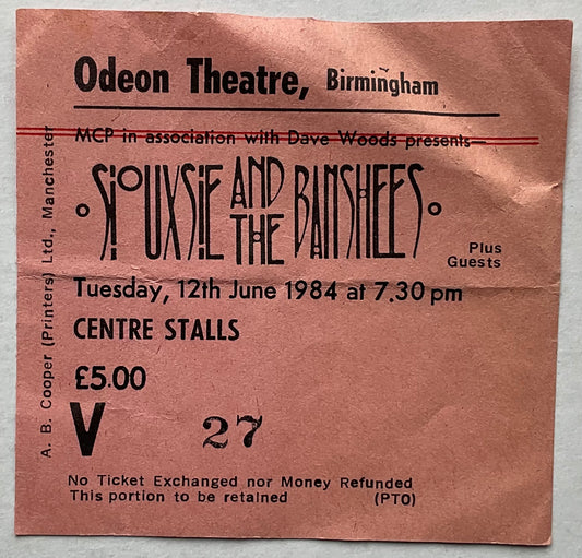 Siouxsie & the Banshees Original Used Concert Ticket Odeon Theatre Birmingham 12th Jun 1984