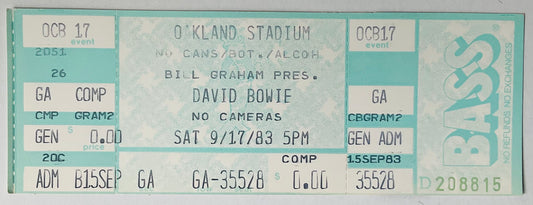 David Bowie Original Unused Concert Ticket Oakland Stadium 17th Sep 1983