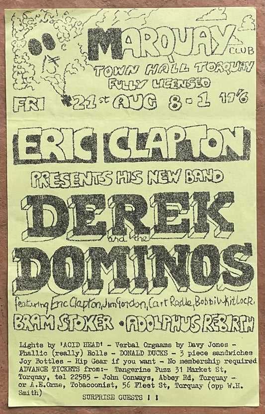 Eric Clapton Derek & the Dominos Original Concert Handbill Flyer Town Hall Torquay 1970