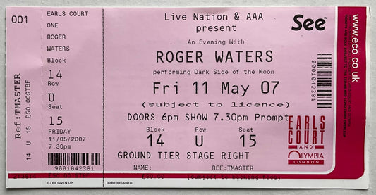 Pink Floyd Roger Waters Original Unused Concert Ticket Earls Court London 11th May 2007
