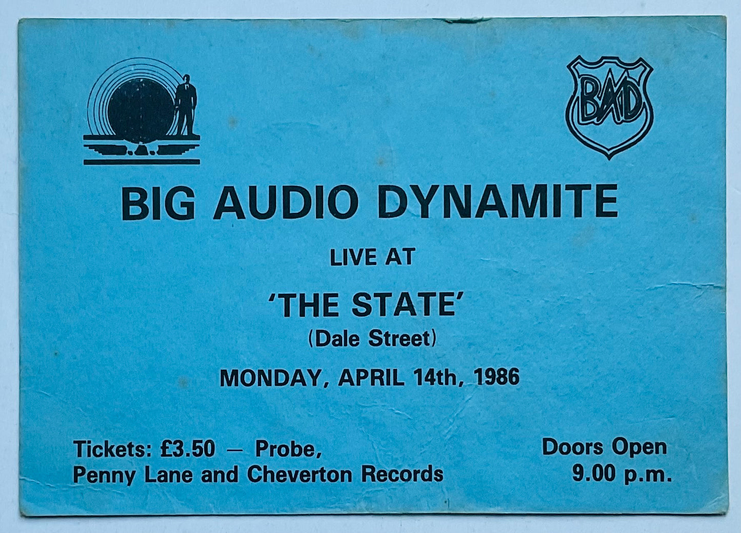 Big Audio Dynamite Used Concert Ticket The State Liverpool 14th Apr 1986