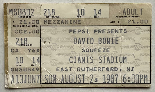 David Bowie Original Used Concert Ticket Giants Stadium New York 2nd Aug 1987