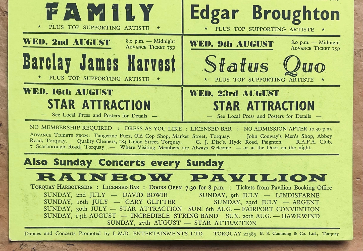 David Bowie Slade Family Original Concert Poster Handbill Flyer Town Hall Rainbow Pavilion Torquay 1972