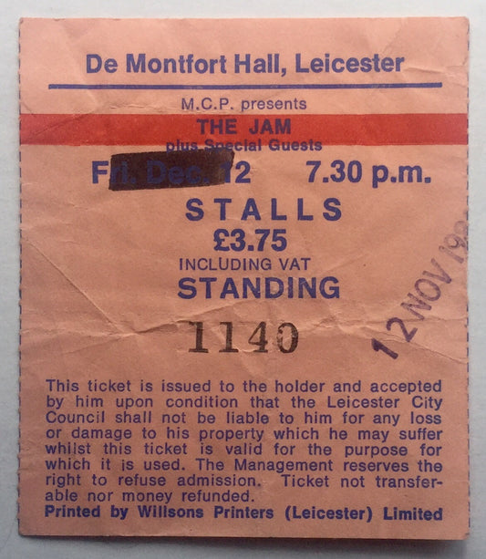 Jam Original Used Concert Ticket De Montfort Hall Leicester 12th Nov 1980