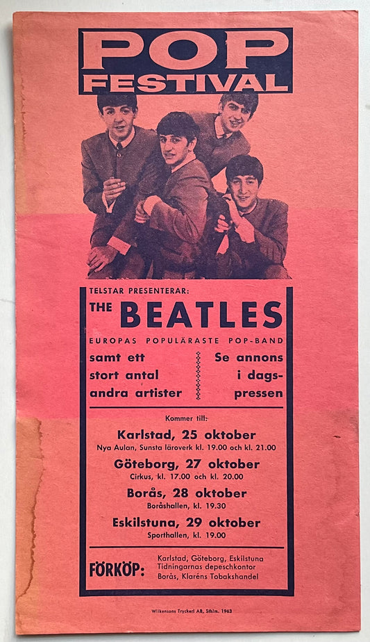 Beatles Original Concert Handbill Flyer Swedish Tour 25th-29th Oct 1963