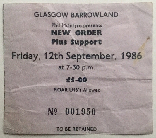 New Order Original Used Concert Ticket Barrowland Glasgow 12th Sept 1986