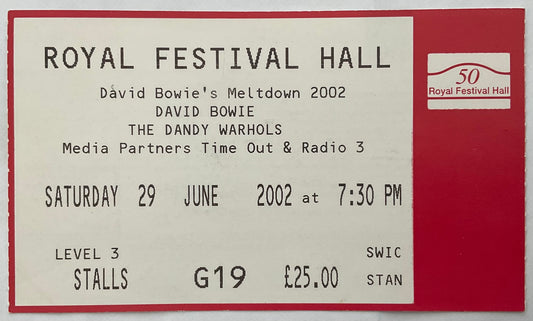 David Bowie Original Unused Concert Ticket Royal Festival Hall London 29th Jun 2002
