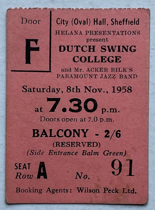 Acker Bilk Original Used Concert Ticket City Hall Sheffield 8th Nov 1968
