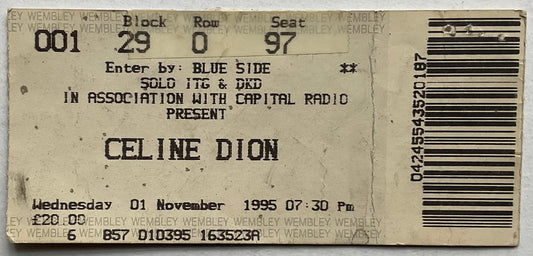Celine Dion Original Used Concert Ticket Wembley Arena London 1st Nov 1995